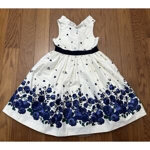 Janie And Jack Party Blue Floral Dress Size 4 velvet trim tulle EUC